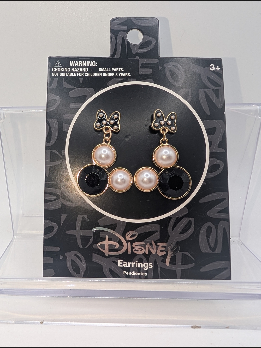 Disney Pearl & Black Crystal Minnie Earrings - Gold Tone